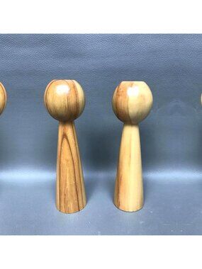 Vintage MCM Turned Wood Candlestick Holders Pair - Scandinavian Modern Style